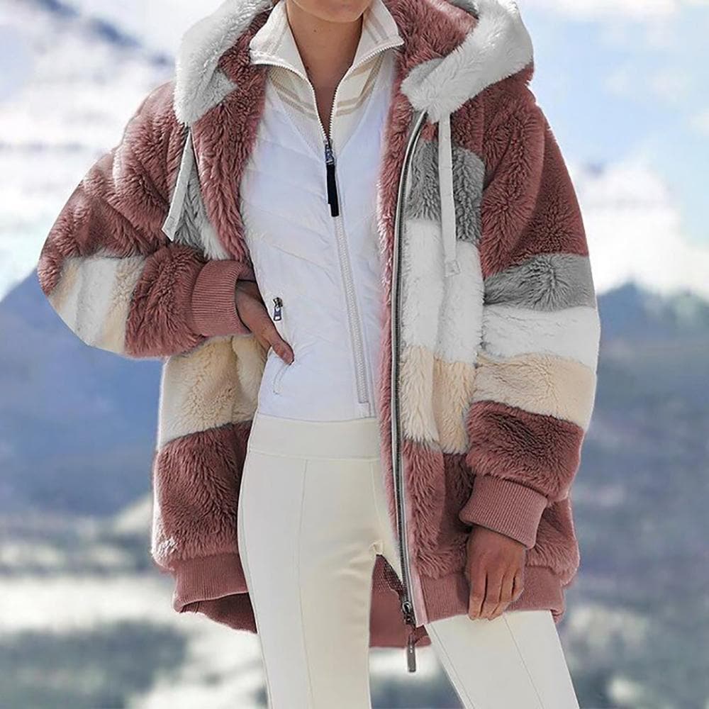2025 Veste d'hiver en peluche avec capuche colorblock et poches pour femmes