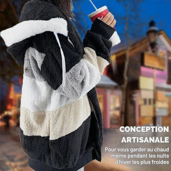 2025 Veste d'hiver en peluche avec capuche colorblock et poches pour femmes