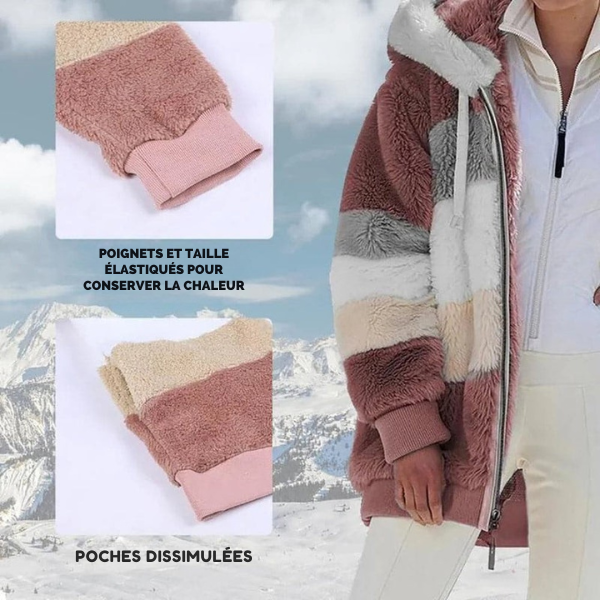 2025 Veste d'hiver en peluche avec capuche colorblock et poches pour femmes