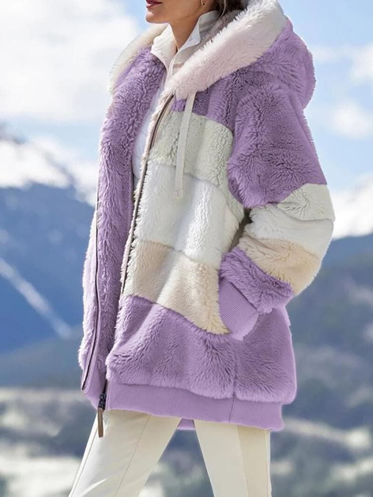 2025 Veste d'hiver en peluche avec capuche colorblock et poches pour femmes