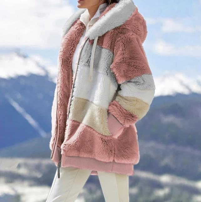 2025 Veste d'hiver en peluche avec capuche colorblock et poches pour femmes